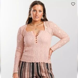 Buckle Eyelet Smocked Henley in Peachy Keen